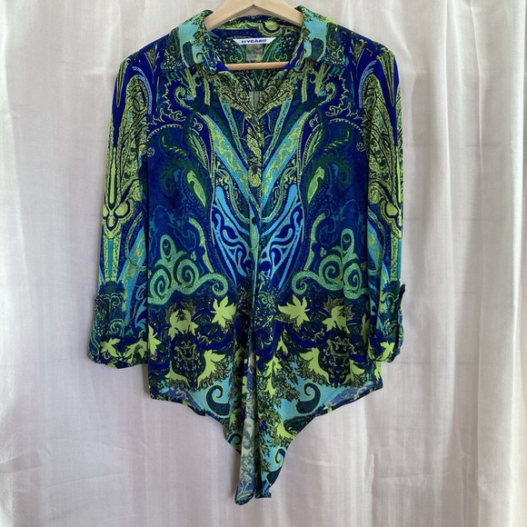 Nygard Button Front Roll Tap Sleeve Tie Front Blue Green &‎ Paisley Petite Small - Picture 2 of 10